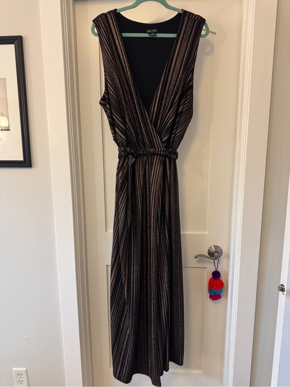 Black and Gold Striped Wrap Dress